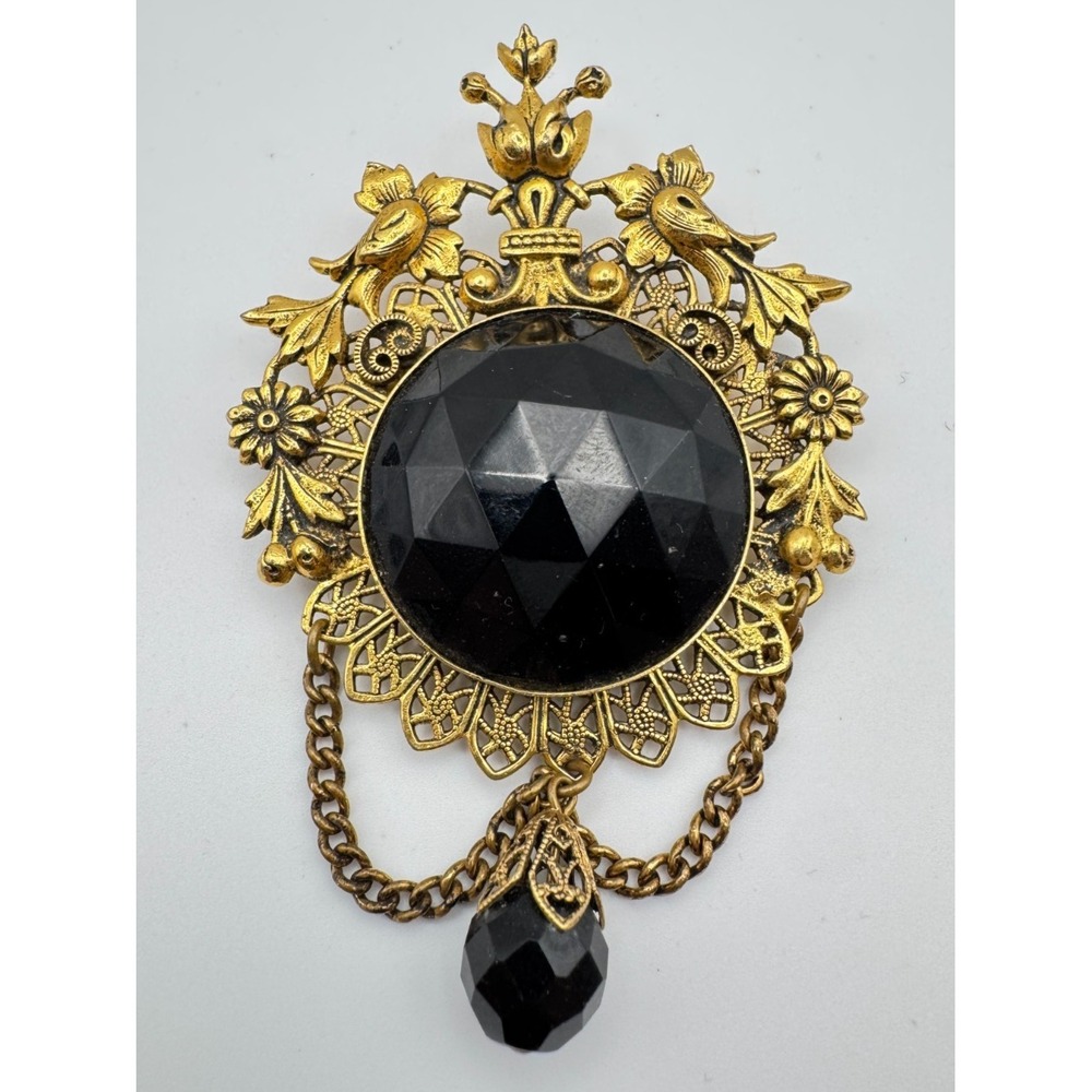 Vintage Fluer-de-Lis Brooch Victorian Revival Black  Gold-Tone Pendant Spring